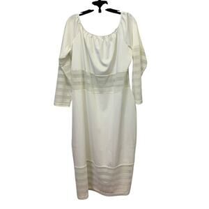 Unbranded 4X Elastic Scoop Neck White Sheer Stripe Long Sleeve Midi Dress